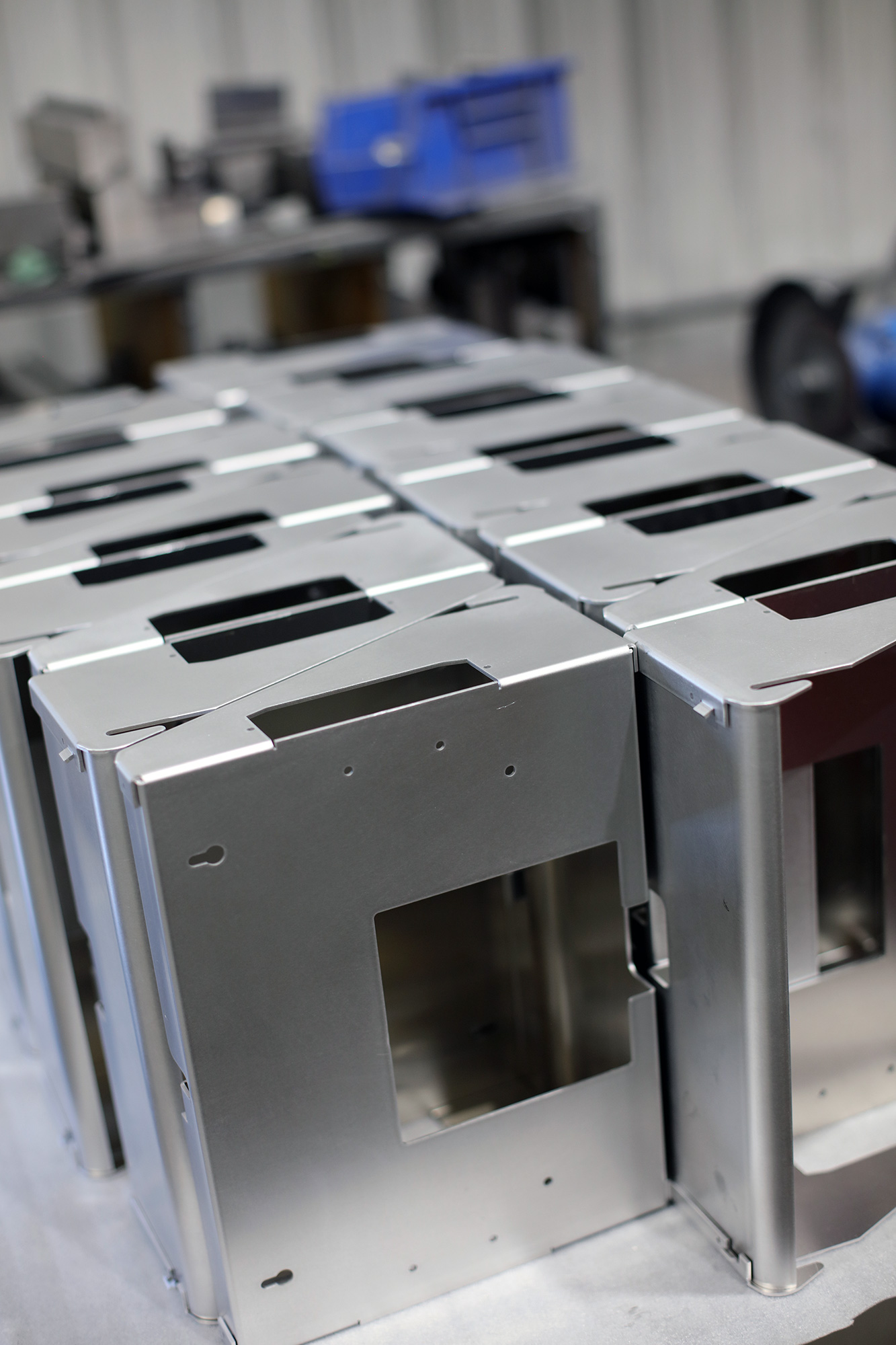 rows of metal components on a table